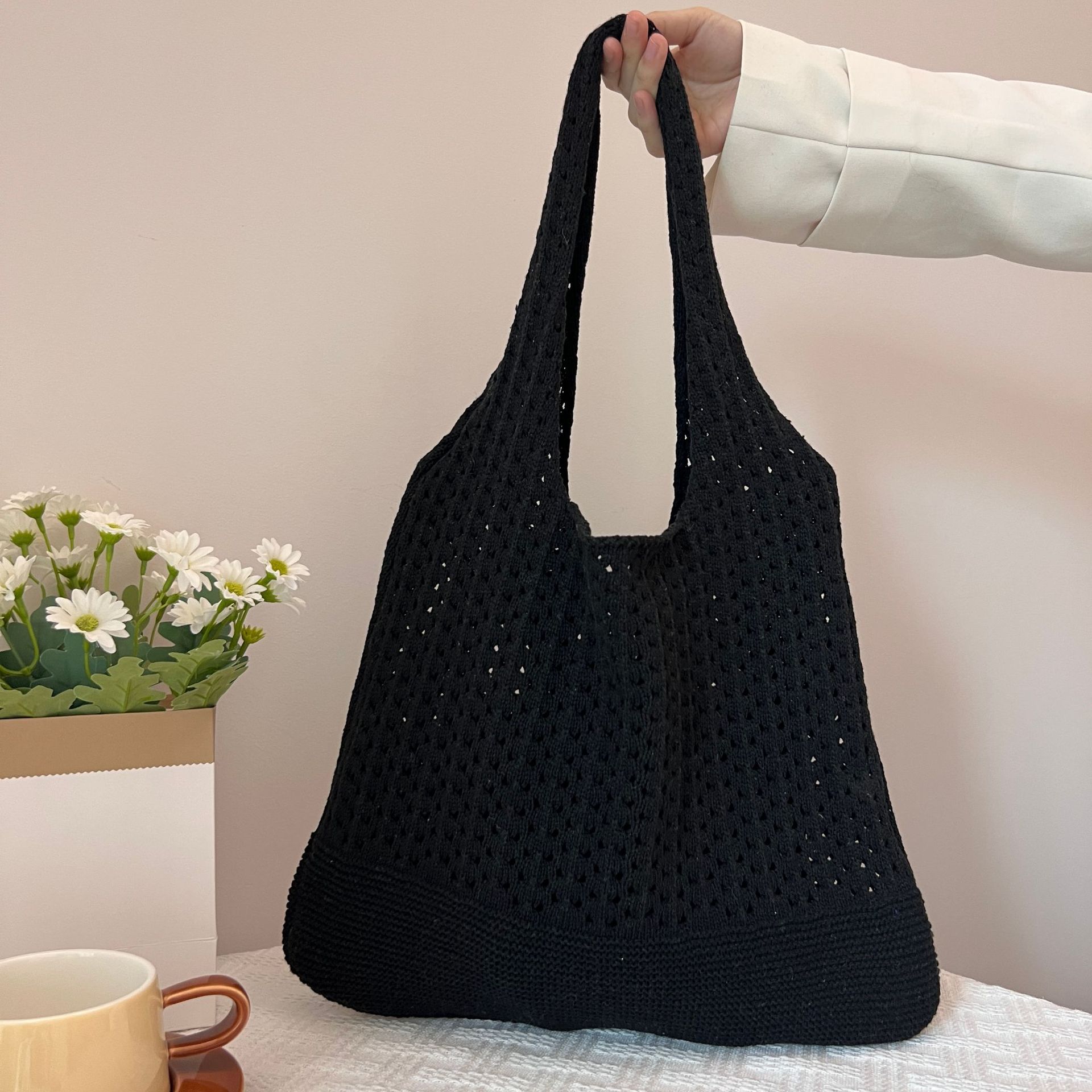 Black Handwoven Knitted Tote Bag - Vintage Style Shoulder Bag