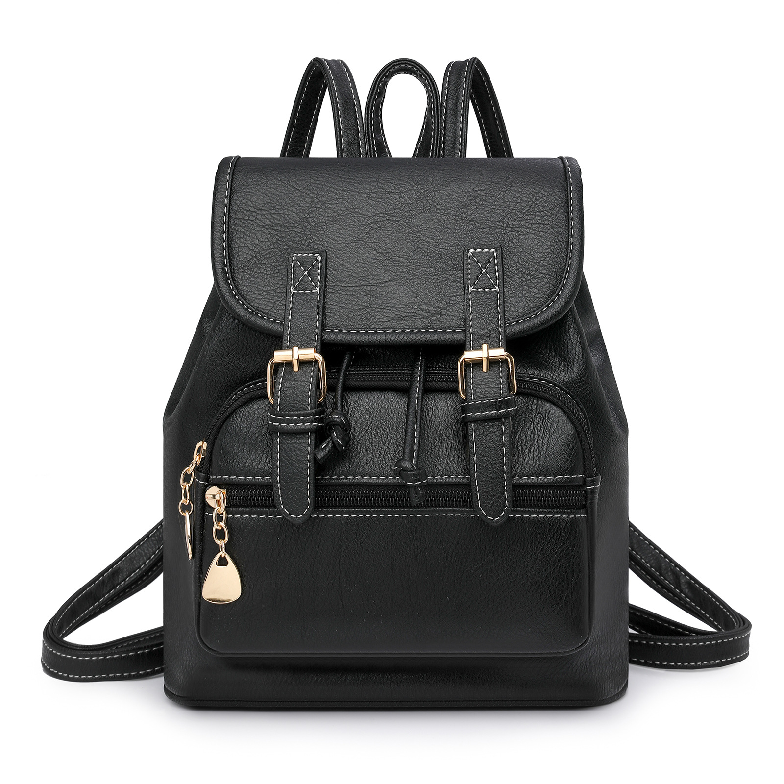 Black Stylish PU Leather Backpack for Women - Compact Travel Companion