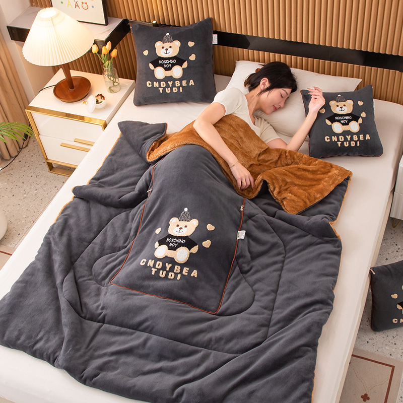 Grey Padded Thickened Hat Bear 2-in-1 Foldable Car Pillow Blanket - Cozy 40x40cm Pillow, Unfolds to 100x150cm Blanket for Travel and Office Naps