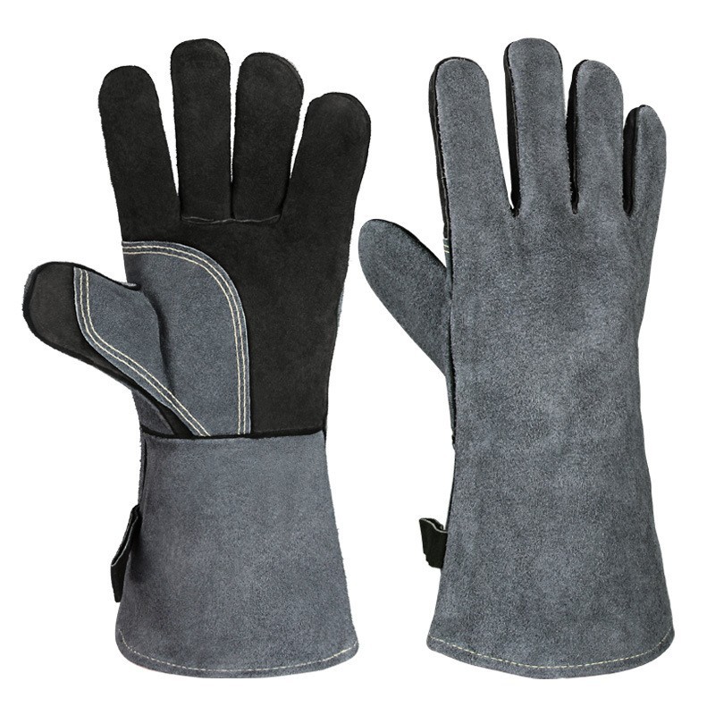 Black-grey 14-Inch Premium Leather BBQ Gloves - Heat-Resistant Up to 500 Degree