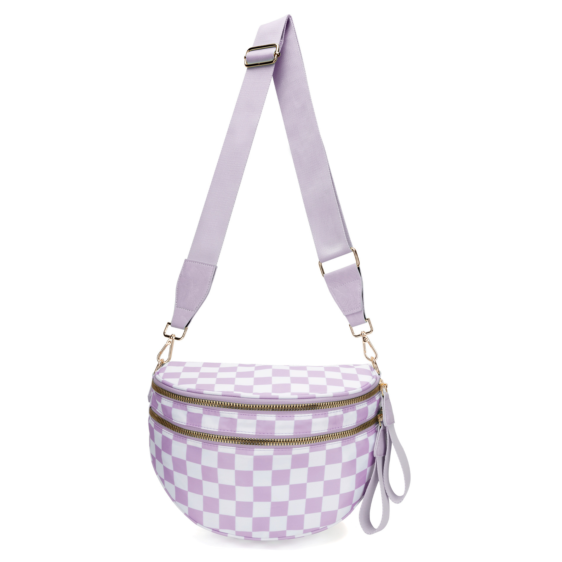 Light Purple Checkered Trendy Sling Bag - Women's Crescent Crossbody Purse with Wide Adjustable Strap