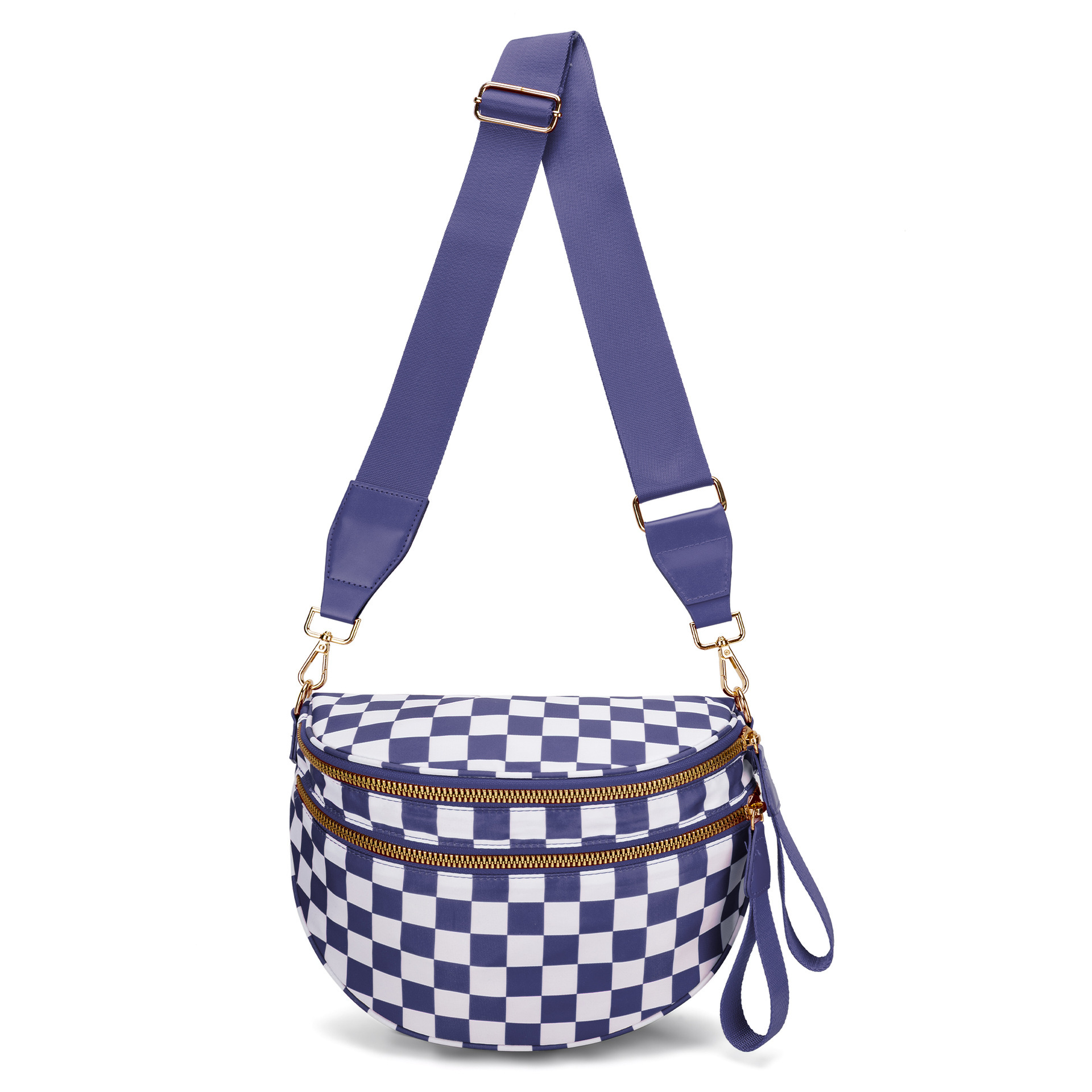 Dark Purple Checkered Trendy Sling Bag - Women's Crescent Crossbody Purse with Wide Adjustable Strap