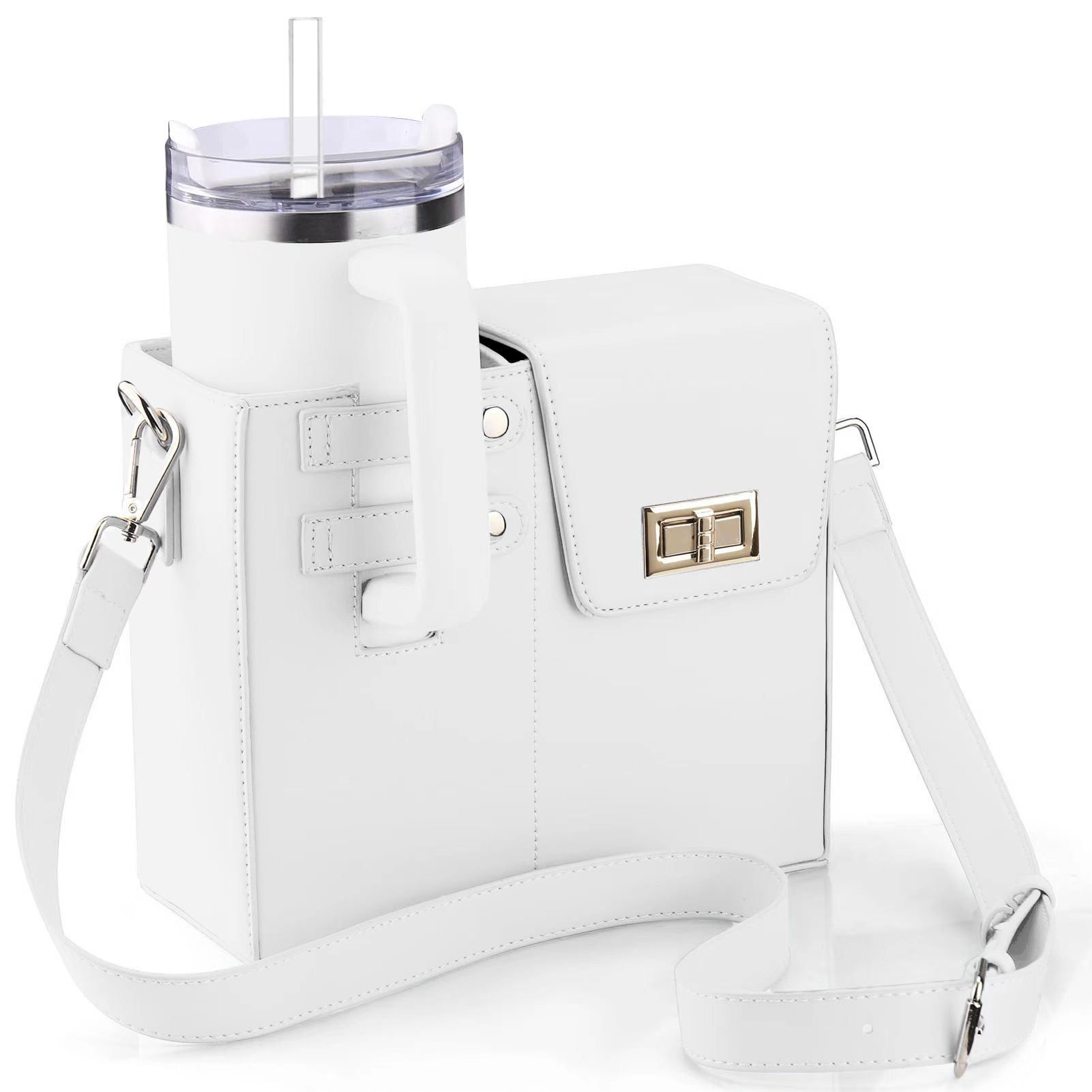 White Portable Insulated Water Bottle Carrier Bag with Adjustable Shoulder Strap - Crossbody Drink Holder for Outdoor Activities