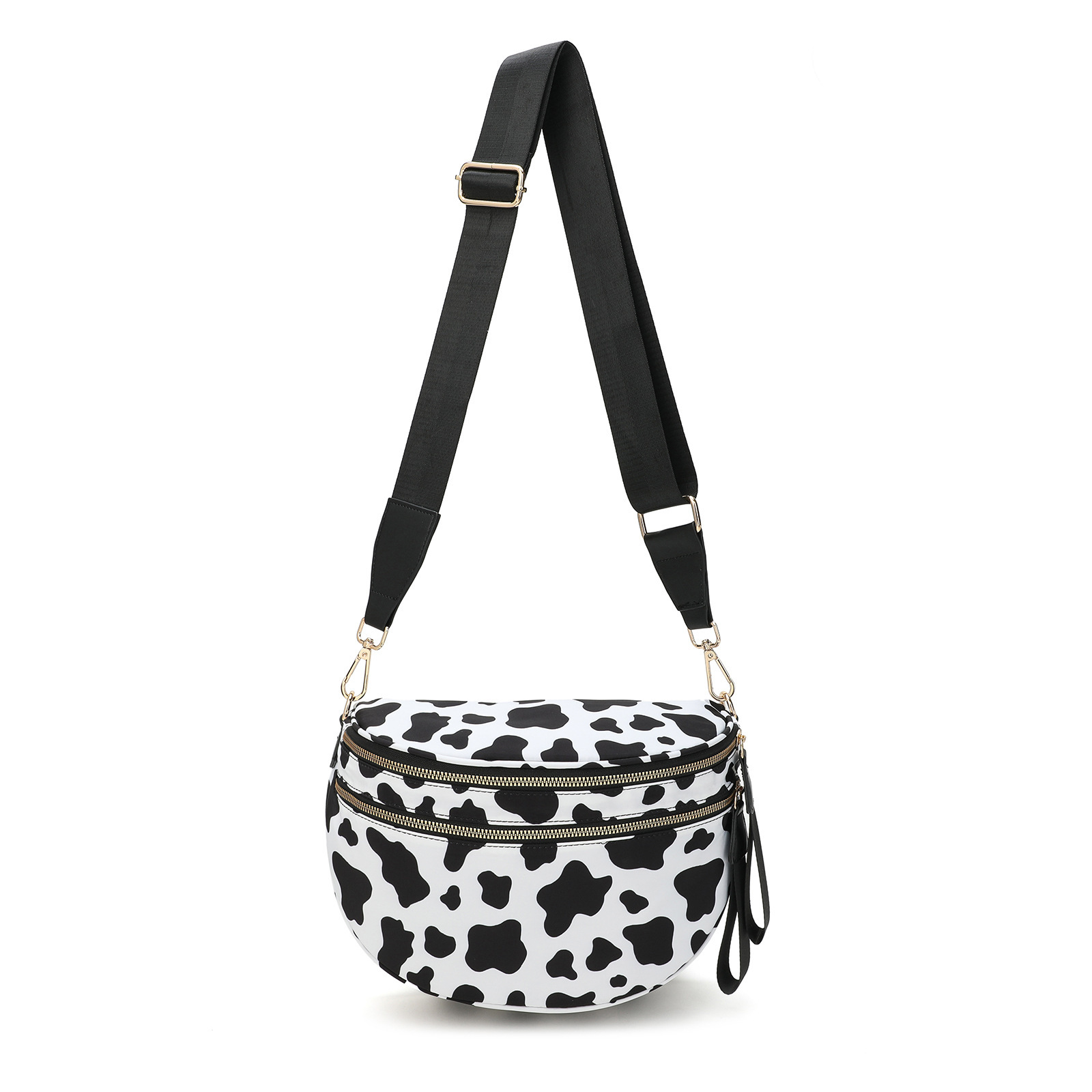 Black-white Cow Checkered Trendy Sling Bag - Women's Crescent Crossbody Purse with Wide Adjustable Strap