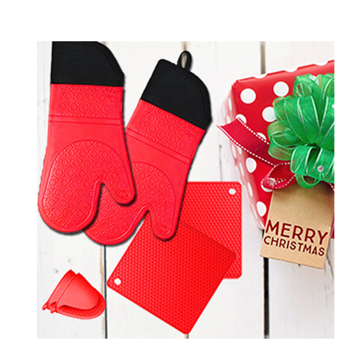 Red Set BPA-Free Non-Slip Silicone Oven Mitts - Heat Resistant Gloves with Honeycomb Pattern for Kitchen Safety