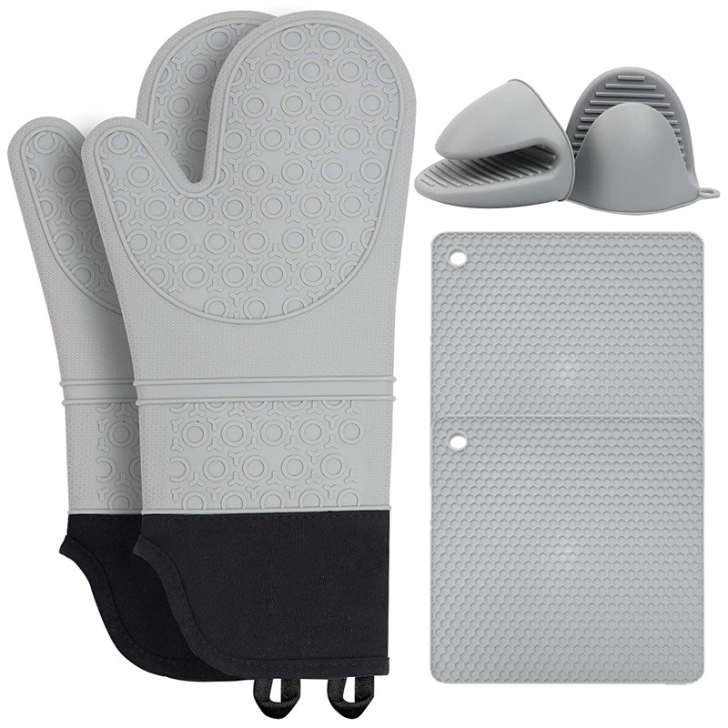 Grey Set BPA-Free Non-Slip Silicone Oven Mitts - Heat Resistant Gloves with Honeycomb Pattern for Kitchen Safety