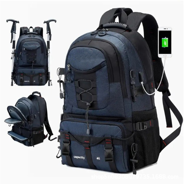 Blue 40L Large Capacity Travel Backpack - Water-Resistant Hiking Rucksack with USB Charging Port