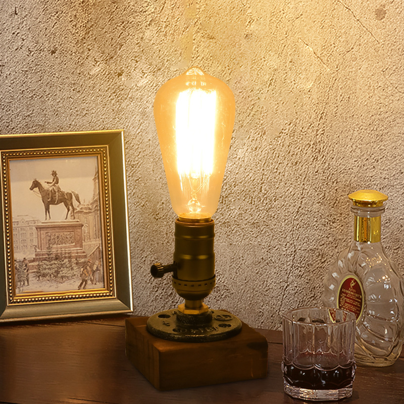 Rustic Industrial Table Lamp Vintage Wooden Base Accent Light
