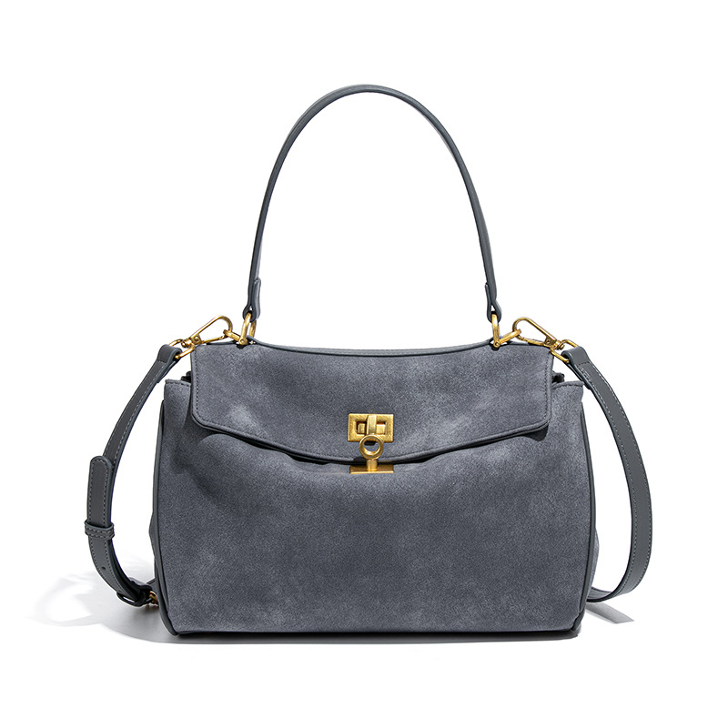 Grey Women's Vintage Suede Satchel Bag - Elegant Top Handle Purse with Gold Lock