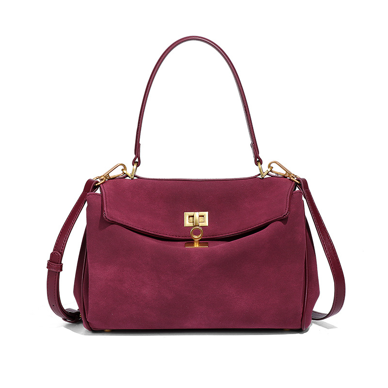 Wine Red Women's Vintage Suede Satchel Bag - Elegant Top Handle Purse with Gold Lock