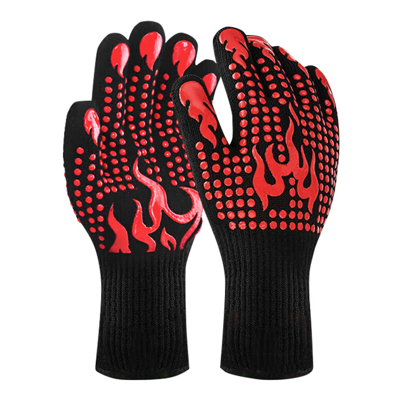 Red a Pair Of Extreme Heat Resistant BBQ Gloves (500°C) - Aramid Fiber with Non-Slip Silicone Grip for Grilling & Oven Use