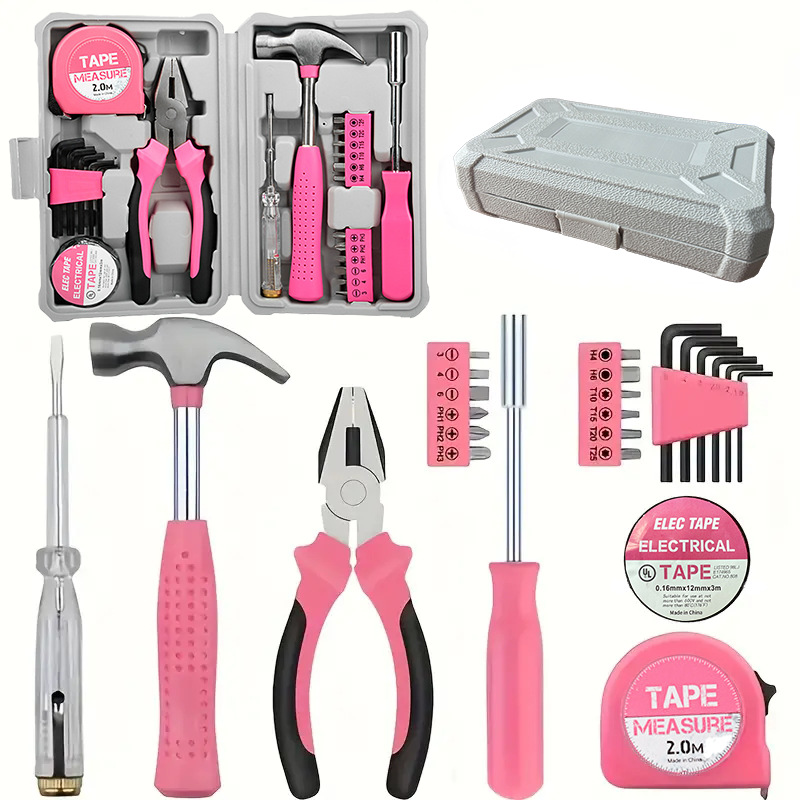 Compact 24-Piece Pink Tool Kit - Essential Household DIY Set for Ladies