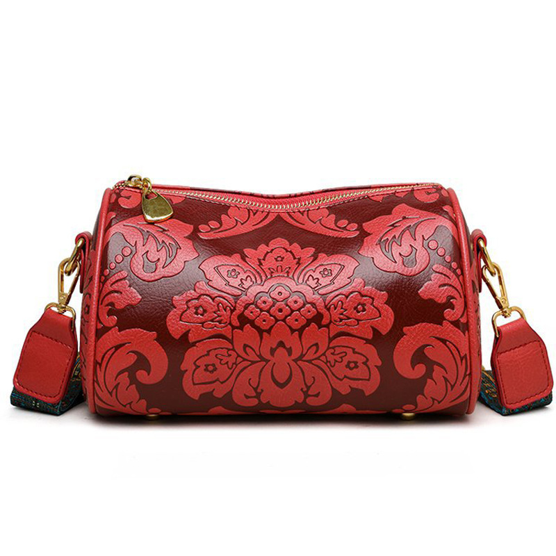 Red Vintage Embossed Crossbody Barrel Bag with Wide Adjustable Guitar Strap