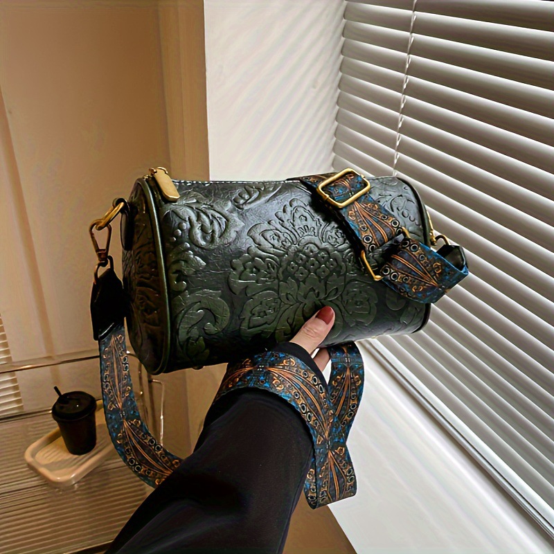 Green Vintage Embossed Crossbody Barrel Bag with Wide Adjustable Guitar Strap