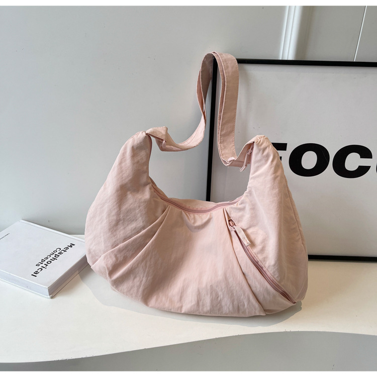 Pink Lightweight Crescent Crossbody Bag - Slouchy Nylon Hobo Purse for Casual Everyday Use