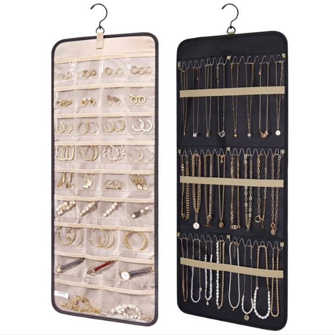 Black Hanging Jewelry Organizer - Closet Storage for Necklaces, Earrings, and Rings with Clear Pockets(14*33inch)