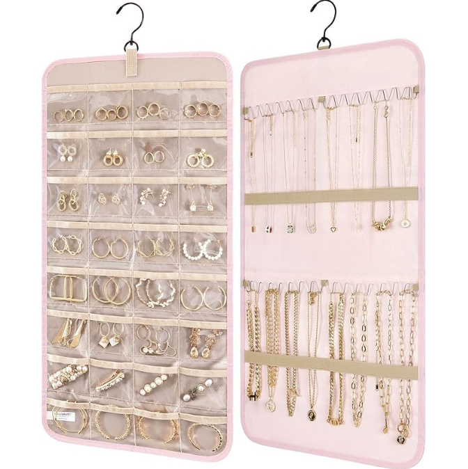 Pink Hanging Jewelry Organizer - Closet Storage for Necklaces, Earrings, and Rings with Clear Pockets(14*33inch)