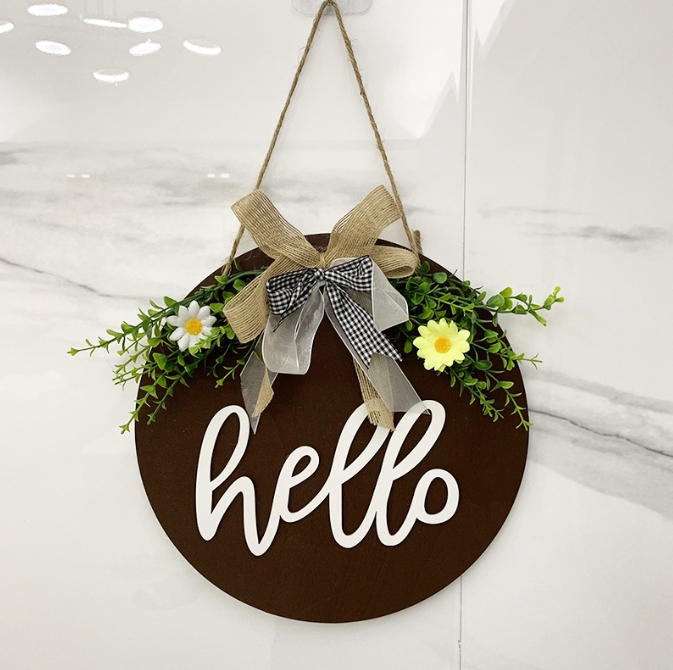 Brown Rustic 'Hello' Welcome Sign - Farmhouse Round Wooden Wreath for Front Door Decor