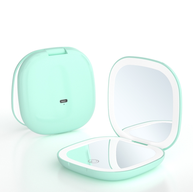 2-piece Green Portable LED Makeup Mirror - Rechargeable Compact with 3-Color Lights & 5x Magnification