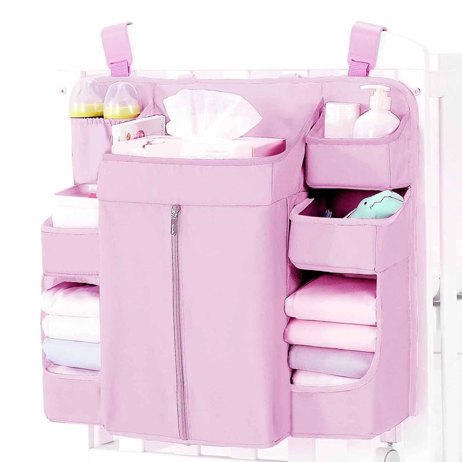 Pink Foldable Baby Crib Storage Hanging Bag - Large Capacity Organizer for Cribs and Changing Tables