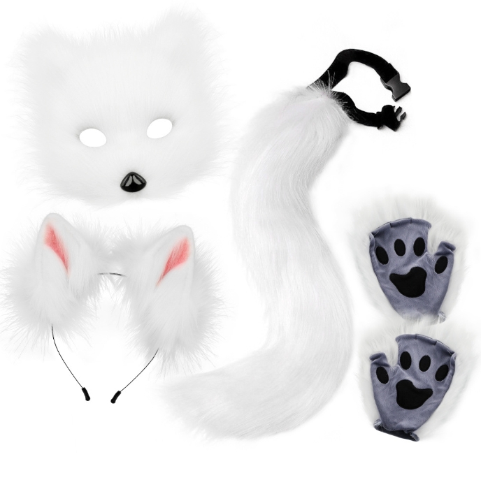 White Halloween Furry Fox Costume Set - Plush Mask, Ears Headband, Tail, and Paws for Cosplay