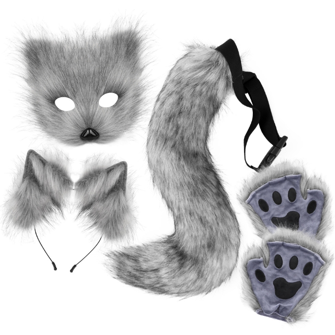 Dark grey Halloween Furry Fox Costume Set - Plush Mask, Ears Headband, Tail, and Paws for Cosplay