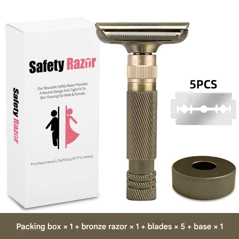 Bronze color Premium Adjustable Double Edge Safety Razor Kit - 8-Setting Precision Shave with Stand & 5 Blades