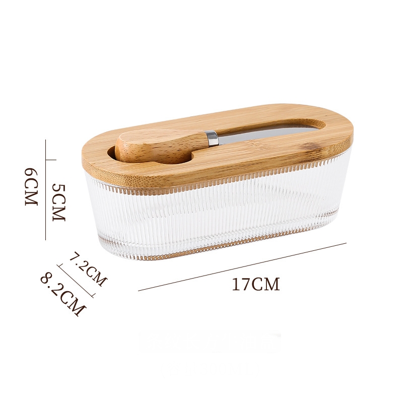 Natural wood color - stripes Elegant Glass Butter Dish with Wooden Lid & Matching Spreader - Sealed Butter Keeper for Freshness