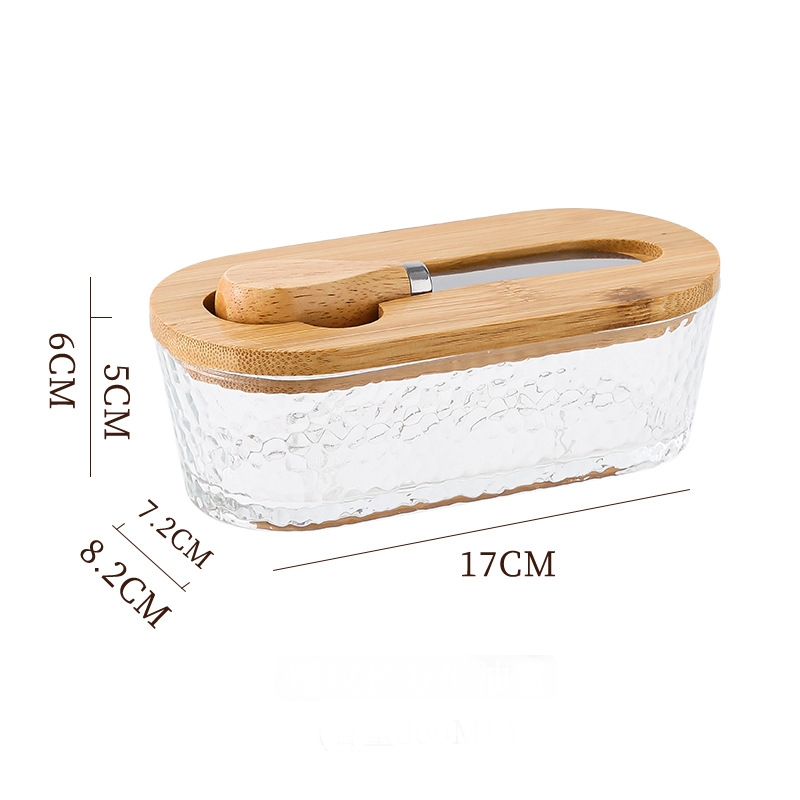 Natural wood color - hammer grain Elegant Glass Butter Dish with Wooden Lid & Matching Spreader - Sealed Butter Keeper for Freshness