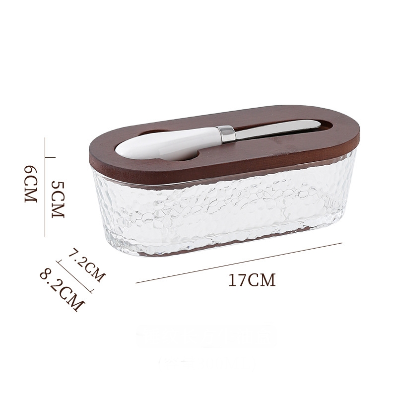 Brown - Hammer texture Elegant Glass Butter Dish with Wooden Lid & Matching Spreader - Sealed Butter Keeper for Freshness