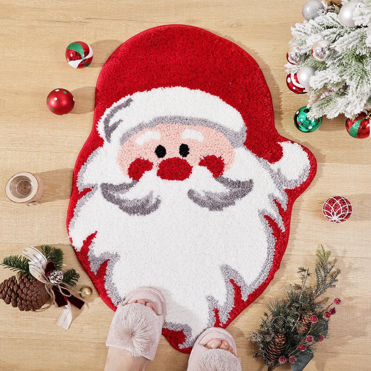 Red Santa Claus Festive Christmas Shaped Floor Mat - Plush Non-Slip Holiday Accent Rug