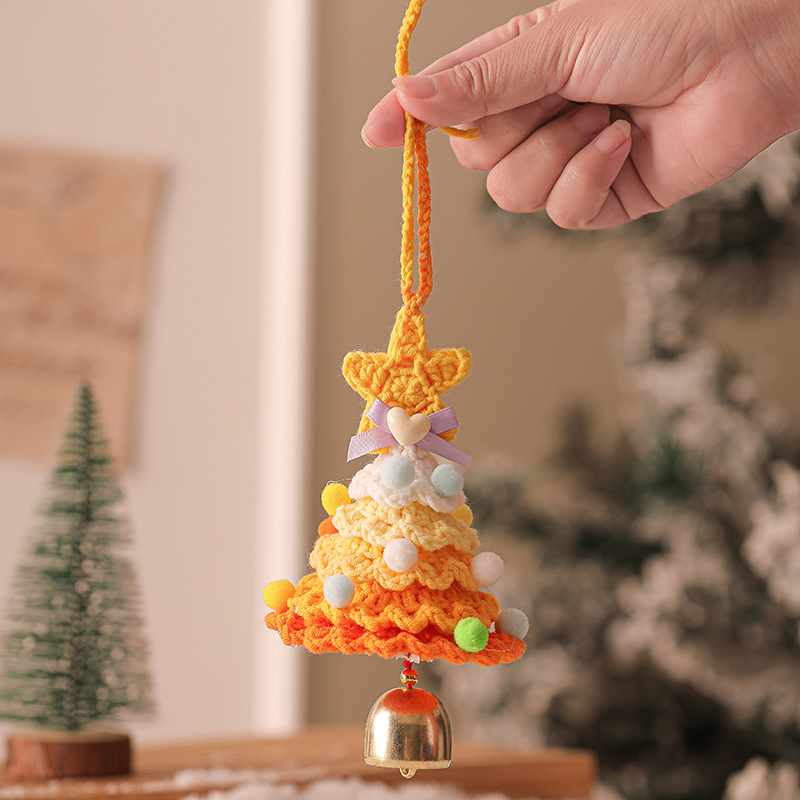 2 Pcs Handmade Crochet Christmas Tree Ornament - Plush Knitted Decoration with Bell - Ideal for Home, Car & Holiday Decor(Style G)