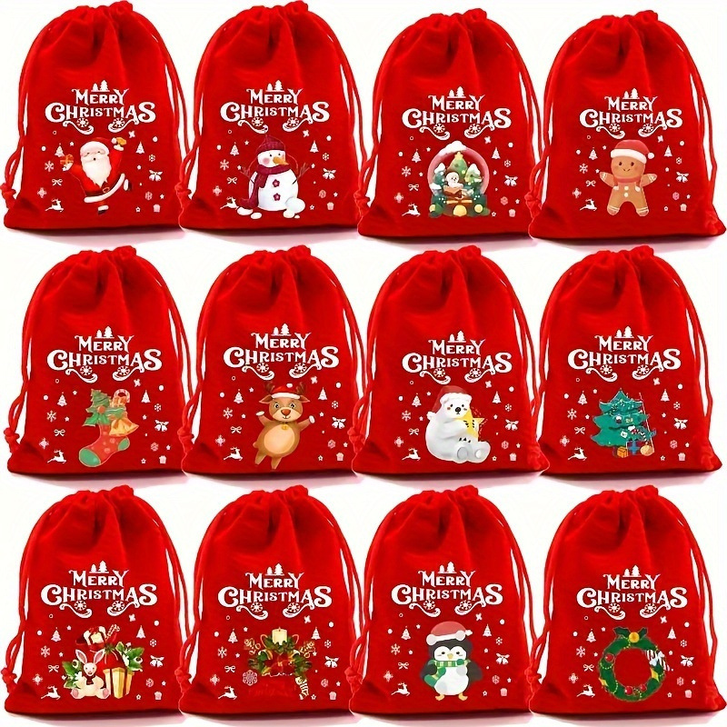 Red flannel Christmas Gift Drawstring Bags Set - Festive Burlap Style Pouches for Candy & Apples - Holiday Decoration - 10 Pcs