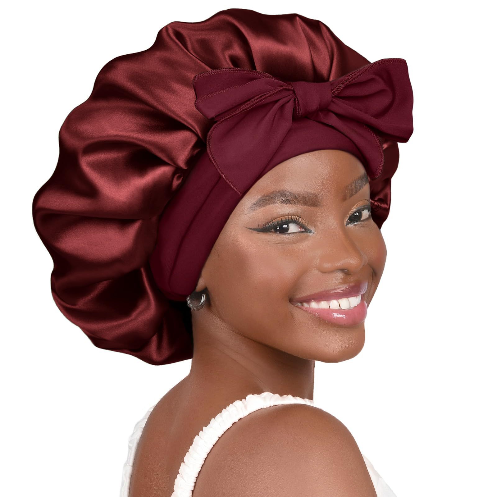 Wine red Luxury Double Layer Satin Bonnet with Bow Tie - Large Hair Protection Sleep Cap for All Hair Types