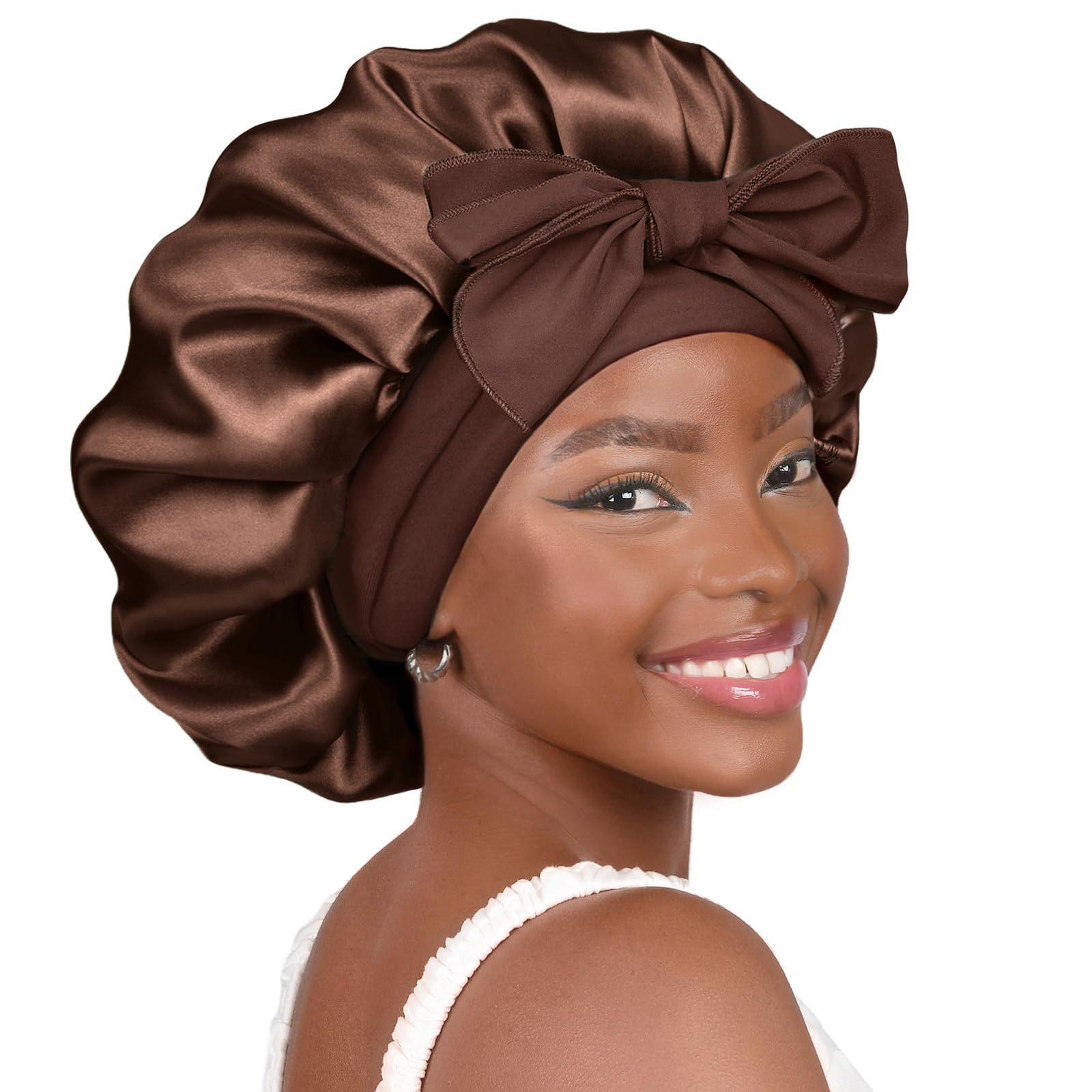 Coffee-colored Luxury Double Layer Satin Bonnet with Bow Tie - Large Hair Protection Sleep Cap for All Hair Types
