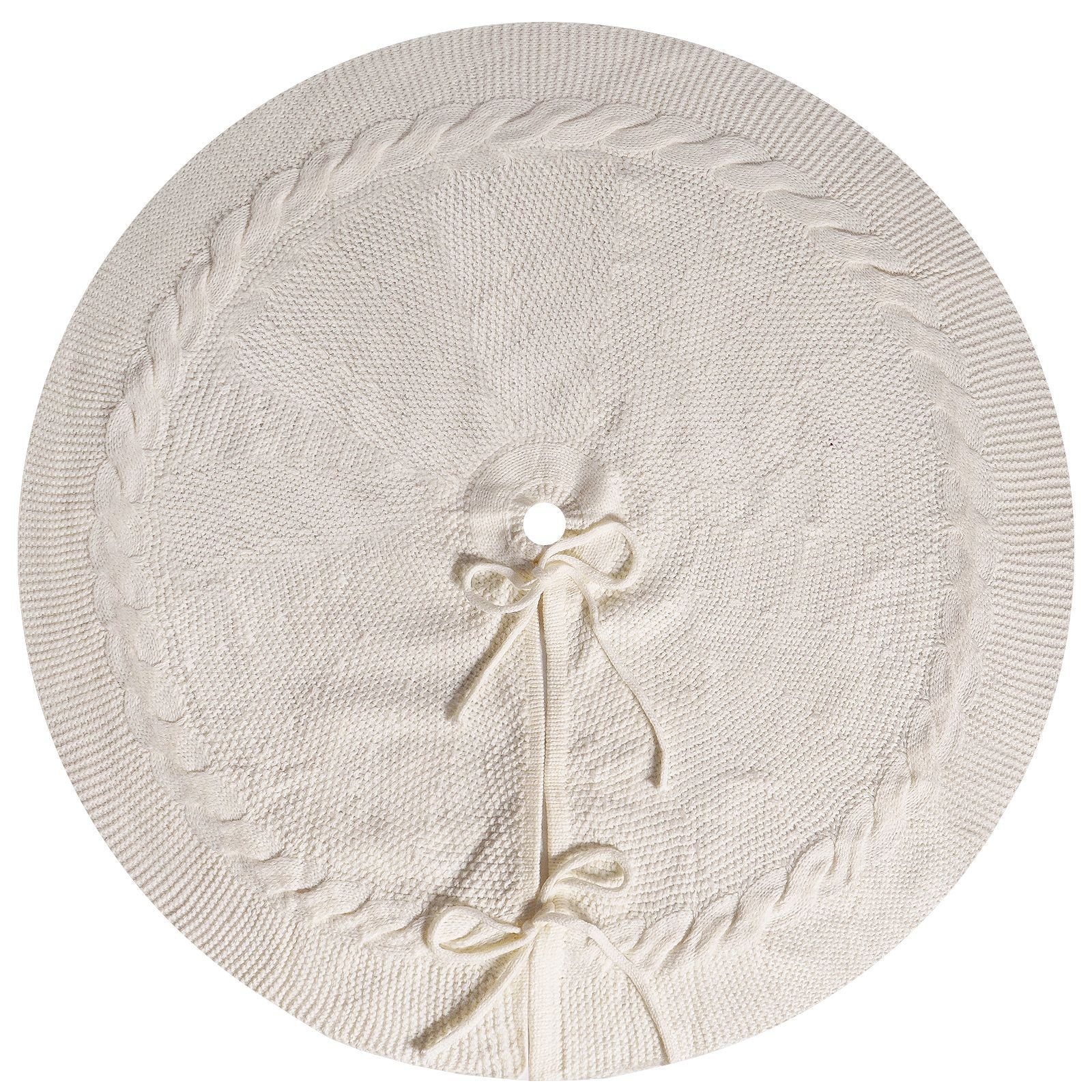 White Luxury Knit Christmas Tree Skirt with Cable-Knit Border - Rustic Holiday Decor(92cm)