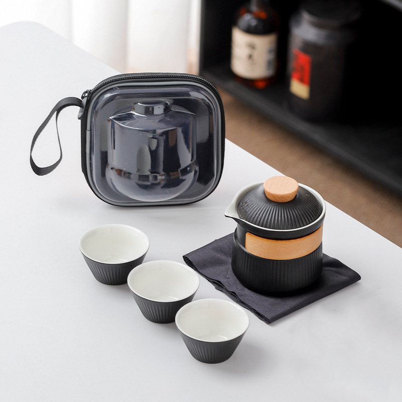 Portable Ceramic Travel Tea Set - One Pot Three Cups with Carrying Case, Elegant Frosted Finish(black)