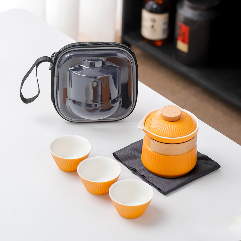 Portable Ceramic Travel Tea Set - One Pot Three Cups with Carrying Case, Elegant Frosted Finish(yellow)