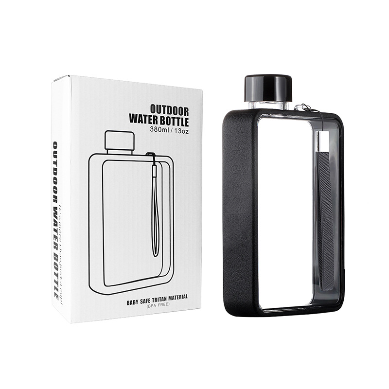 Slim Tritan Flat Water Bottle - 380ml BPA-Free, Leakproof with Leather-Textured Sleeve & Strap(Black)