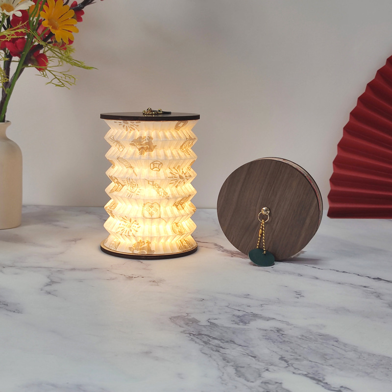 Foldable Telescopic Lantern Lamp - 3 Light Modes, USB Rechargeable, Wood/Paper Finish(Good Luck and Happiness)