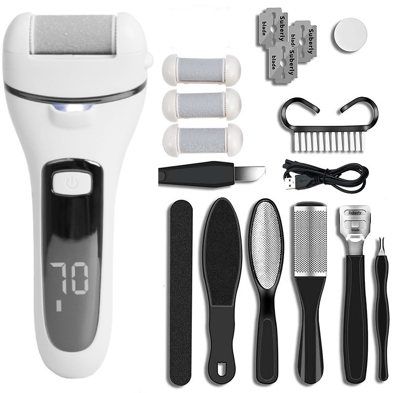 Rechargeable Electric Foot File with LCD Display - 3 Grit Heads & Waterproof Design(white)