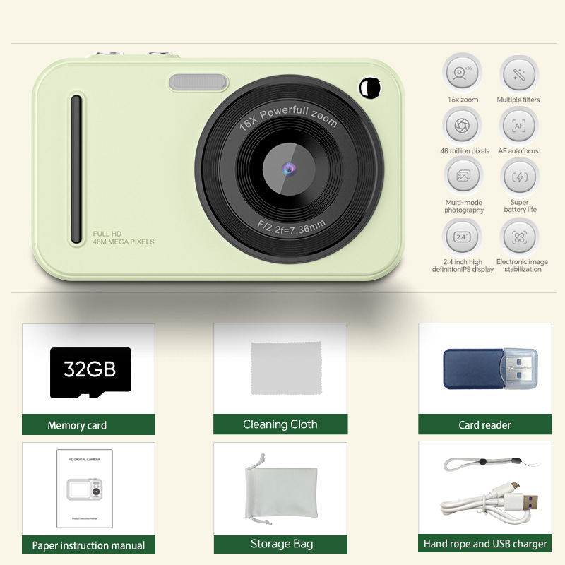48MP Digital Camera with 16x Zoom & AF Autofocus - Full HD Vlogging Camera for Beginners & Kids(Green)