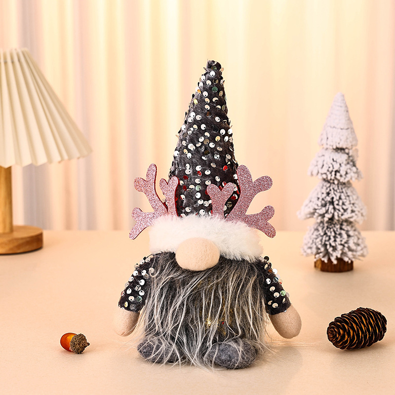 Light-Up Christmas Gnome Plush Doll with Sequin Hat & Antlers - Festive LED Tabletop Decoration(silver)