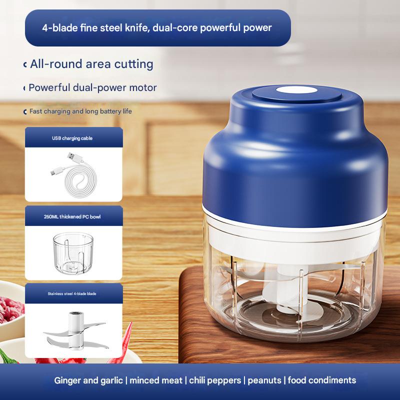 Powerful Mini Electric Food Chopper - USB Rechargeable Cordless Garlic & Meat Mincer(Blue 250ml + 4-blade knife)