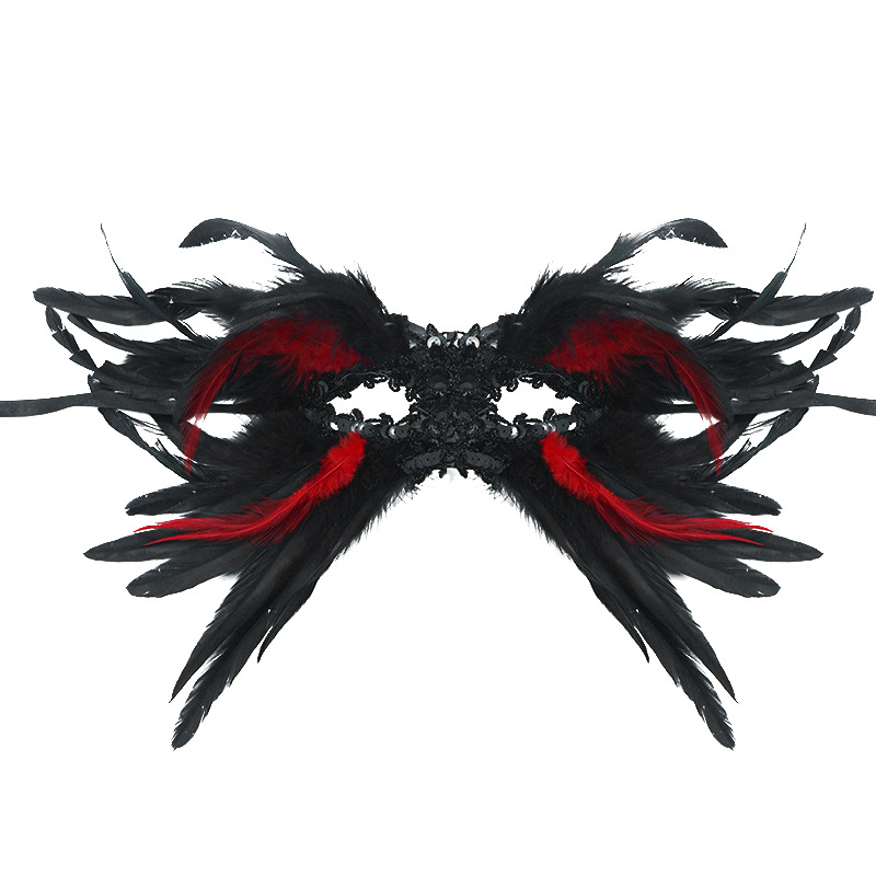 Red and Black Mysterious Gothic Feather Masquerade Mask - Black Angel Wing Venetian Party Costume