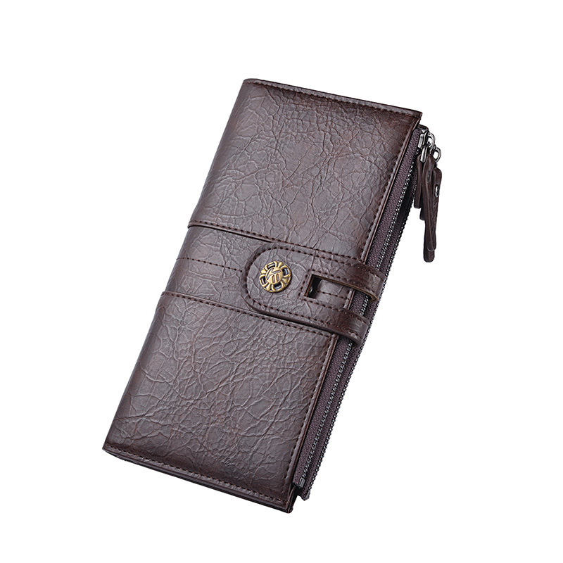 Coffee Men's Vintage PU Leather Long Wallet - High Capacity Dual Zipper Clutch with Phone & Card Slots