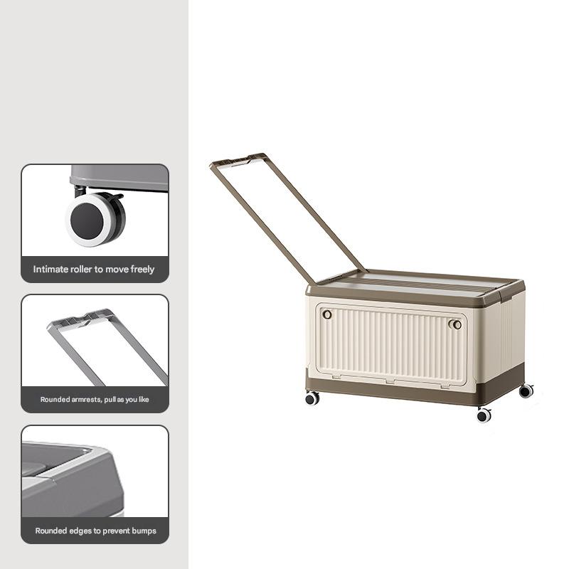 Size L Brown Collapsible Storage Box with Wheels and Telescopic Handle - Stackable Folding Crate for Car & Home