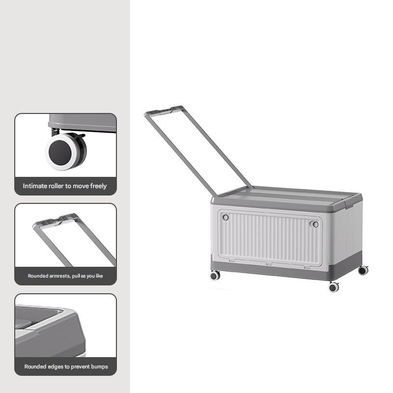 Size L Grey Collapsible Storage Box with Wheels and Telescopic Handle - Stackable Folding Crate for Car & Home