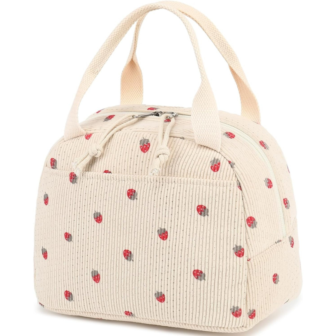 Beige Strawberry Pattern Corduroy Lunch Bag - Insulated Thermal Cooler Tote for School Work and Picnics
