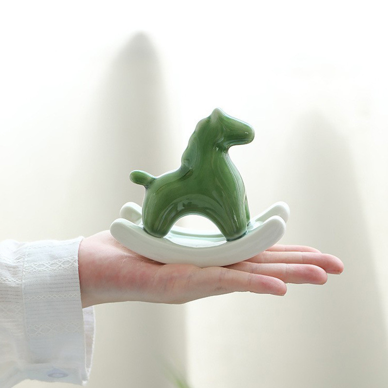 Green Modern Ceramic Rocking Horse Ornament - Cute Porcelain Figurine for Desk & Shelf Decor